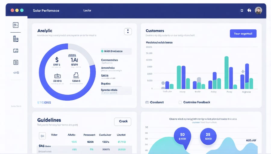 Digital dashboard displaying solar system performance data and customer satisfaction metrics