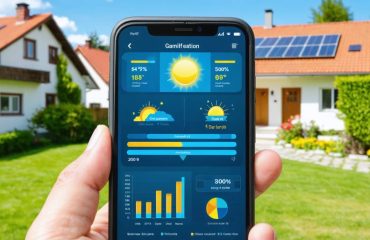 Smartphone displaying a solar energy monitoring dashboard with gamification elements like badges, progress bars, and reward icons, set against a sunny neighborhood backdrop.