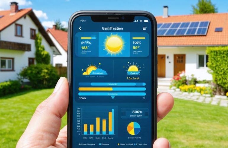 Smartphone displaying a solar energy monitoring dashboard with gamification elements like badges, progress bars, and reward icons, set against a sunny neighborhood backdrop.