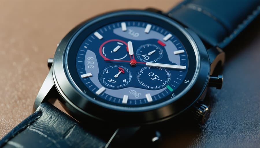Solar GPS watch interface displaying battery level and navigation features