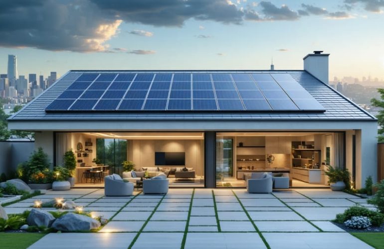 A modern suburban home with solar panels, under a bright sky, representing the economic and technological advancements in renewable energy.