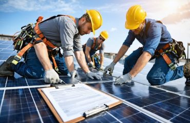 A team of licensed solar installers working on a rooftop, wearing safety harnesses and surrounded by solar panels, with licensing documents visible, representing safety and quality assurance in solar installations.