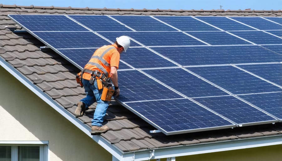 Solar panel installation technician working on a home roof installation
