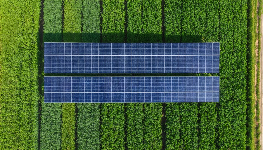 Aerial photograph of agricultural land with integrated solar panel arrays between crop rows
