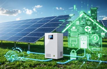 Conceptual illustration of a solar panel network linked to a central inverter, showcasing efficiency metrics and energy savings with a home being powered, emphasizing solar inverter's role in energy transformation.