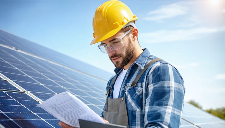 Licensed solar contractor reviewing installation permits and certification papers