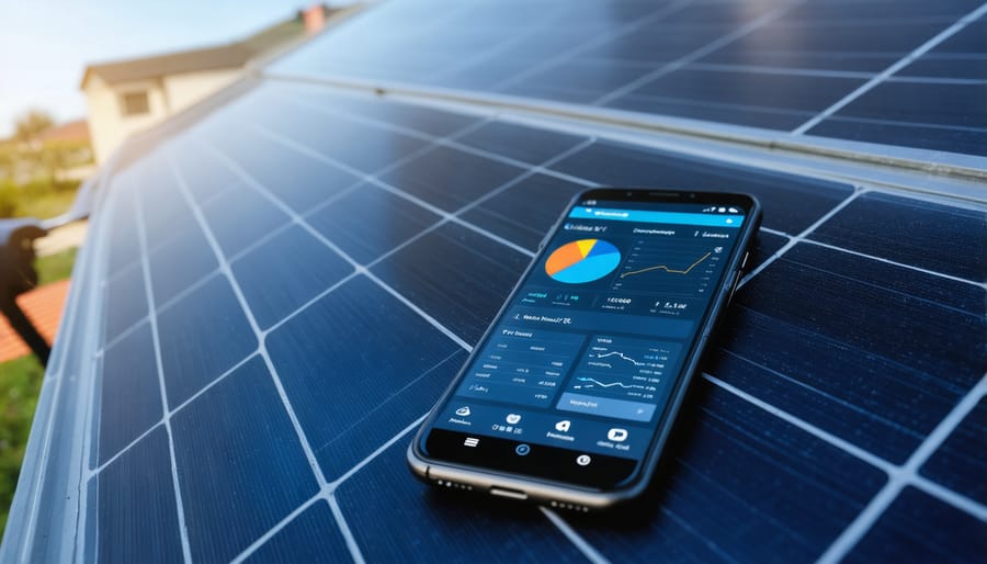 Smartphone screen showing solar panel monitoring app with performance graphs and alert notifications