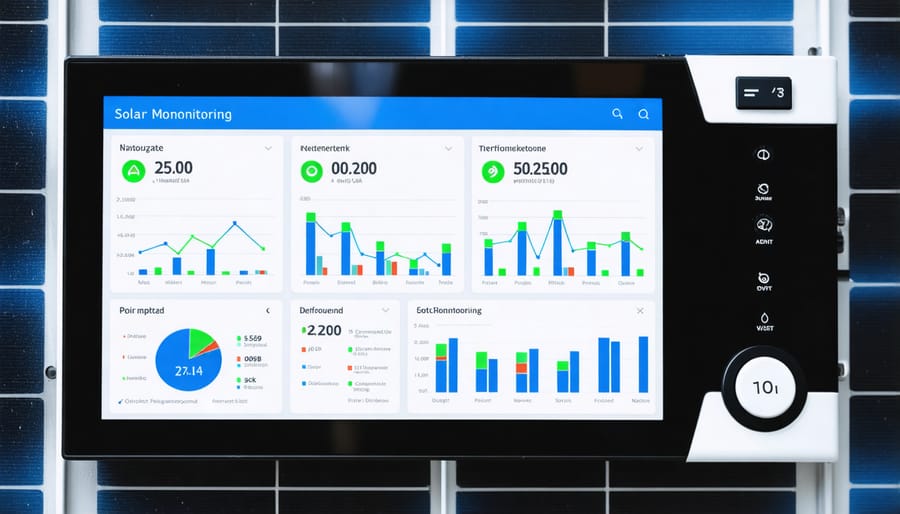 Mobile phone screen showing solar energy monitoring app with production graphs and system status