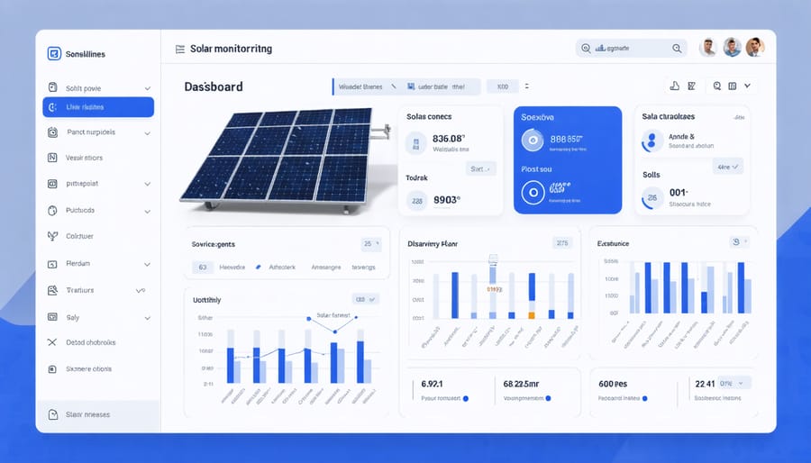 Smart monitoring system dashboard displaying solar panel performance metrics and analytics
