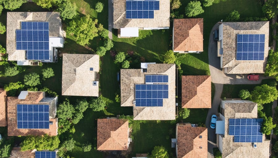 Birds-eye view of suburban homes with coordinated solar panel installations