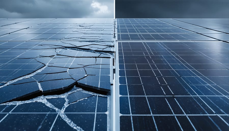 Comparison of damaged and undamaged solar panels demonstrating insurance coverage scenarios