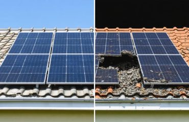 Comparison between pristine and storm-damaged solar panels highlighting the significance of insurance in protecting against performance loss and physical damage.