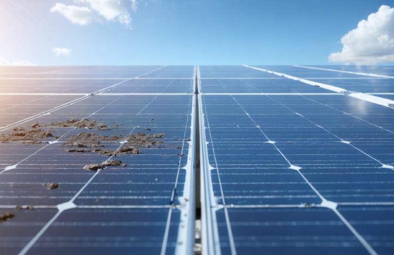 A split-screen illustration showing the difference in energy efficiency between clean solar panels and dirty ones, highlighting the benefits of regular maintenance.