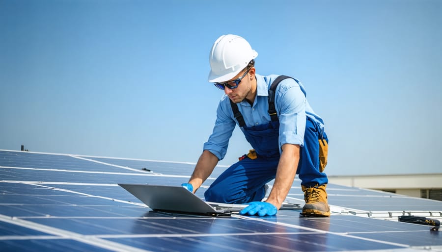 Professional inspector examining solar panels during routine maintenance