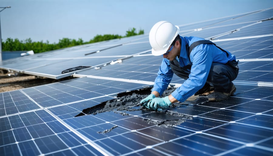 Solar technician examining cracked solar panel and performing maintenance check