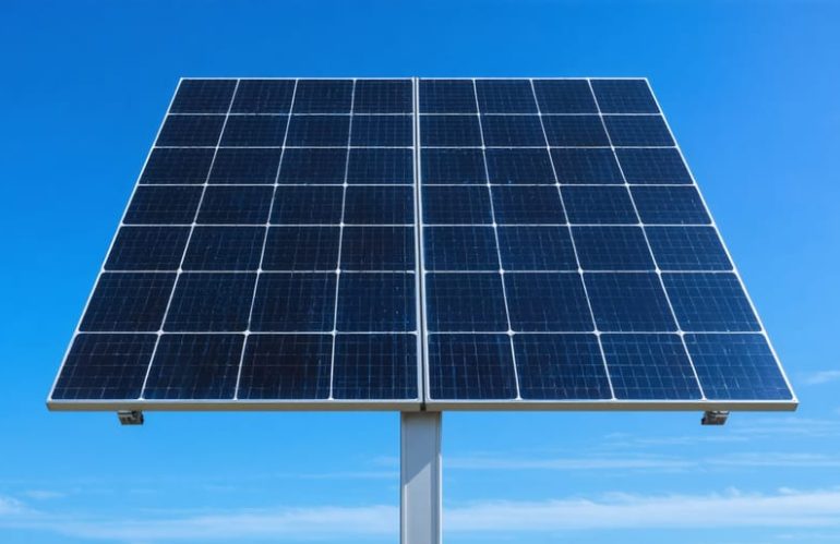 A modern solar panel under a clear blue sky, symbolizing the long-term reliability and durability of solar technology.