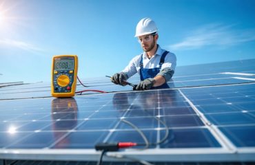 "Technician in safety gear testing solar panel voltage on a rooftop with a multimeter, with visible voltage readings on the display."