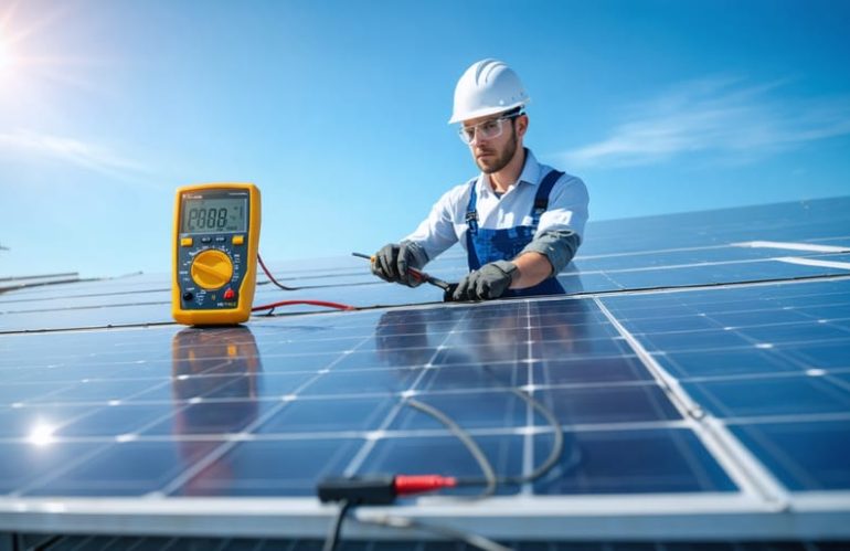 "Technician in safety gear testing solar panel voltage on a rooftop with a multimeter, with visible voltage readings on the display."
