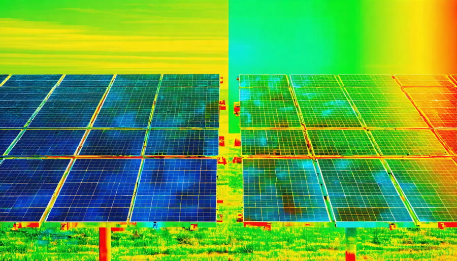 Infrared thermal image showing temperature variations across solar panels