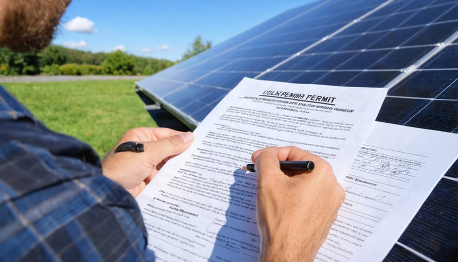 Professional solar installer explaining building permits to homeowner at kitchen table
