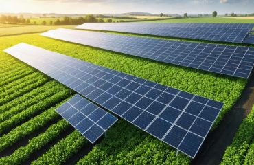 Conceptual illustration of a future farm integrating solar panels with agricultural fields, symbolizing the blend of renewable energy and sustainable food production.