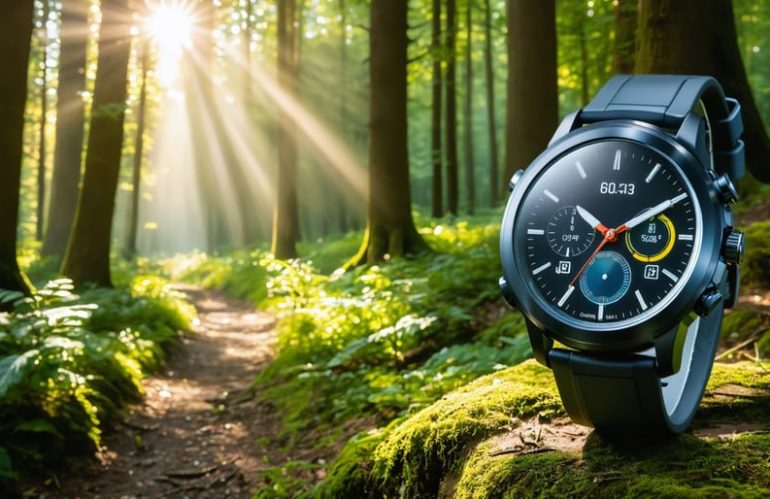 Solar-powered GPS watch with solar charging indicators and GPS navigation display set against a sunlit forest trail backdrop, showcasing the eco-friendly and sustainable nature of the technology.