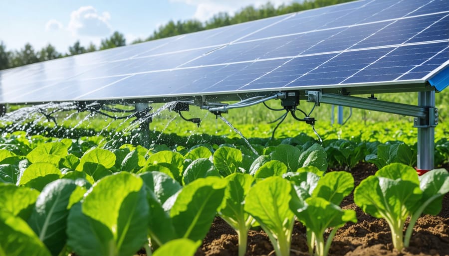 Solar panels connected to an automated irrigation system watering crops