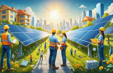 Diverse community members collaboratively installing solar panels, symbolizing a solar-powered resilient community with sustainable infrastructure.