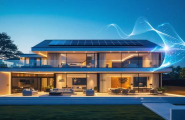 A digitally enhanced image of a modern home with ambient lighting, featuring solar panels on the roof and holographic lines representing voice command interaction, illustrating the integration of solar power with smart home lighting systems.