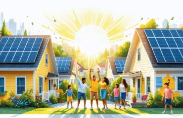 Illustration of a diverse neighborhood with solar panels on rooftops, families enjoying outdoor activities, and sun rays connecting to panels representing clean energy access for low-income families.