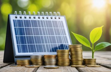 A conceptual image depicting the financial savings from solar energy tax credits, featuring stacks of coins, dollar signs, solar panels, and a calendar highlighting the year 2032, symbolizing sustainability and a greener future.
