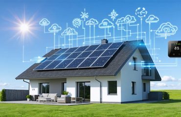 An illustration of a modern house with solar panels extending and connecting to a smart thermostat interface, representing the integration of solar energy with smart home technology.
