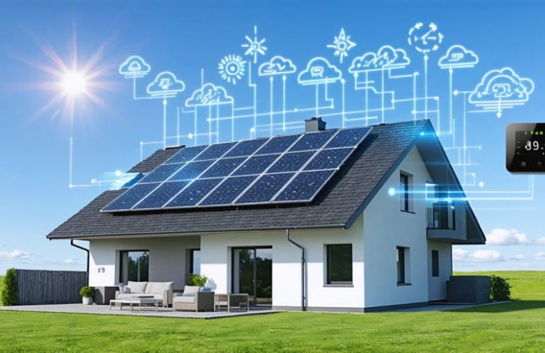 An illustration of a modern house with solar panels extending and connecting to a smart thermostat interface, representing the integration of solar energy with smart home technology.