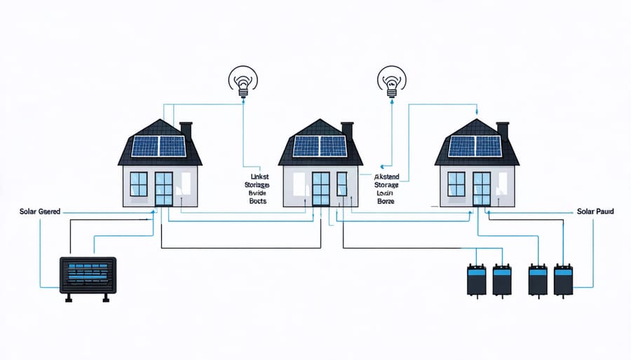 Network diagram of multiple homes connected through a shared solar storage system with power flow indicators