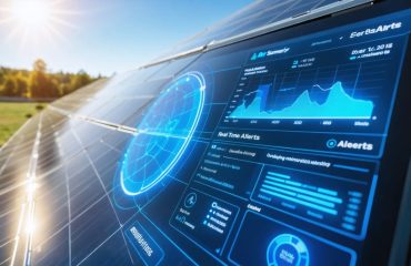 A digital dashboard on a smartphone screen showing real-time solar telemetry system performance graphs and alert notifications, with a faint background of solar panels.