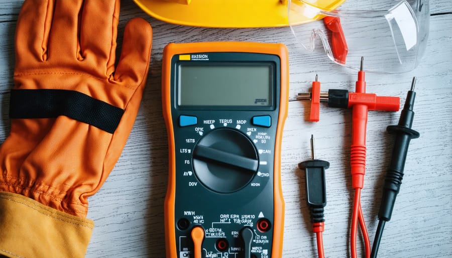 Digital multimeter, protective gloves, and safety glasses arranged on a workbench