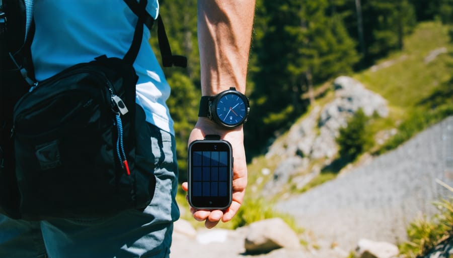 Hiker using solar GPS watch in sunny outdoor conditions