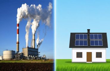 A split-screen image showing a coal power plant releasing emissions contrasted with a solar panel-equipped home generating clean energy, representing the shift from fossil fuels to renewable energy for carbon offsetting.