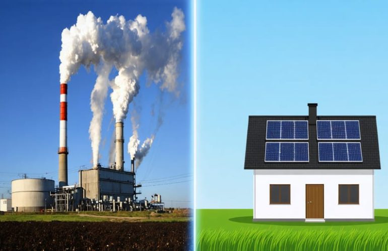A split-screen image showing a coal power plant releasing emissions contrasted with a solar panel-equipped home generating clean energy, representing the shift from fossil fuels to renewable energy for carbon offsetting.