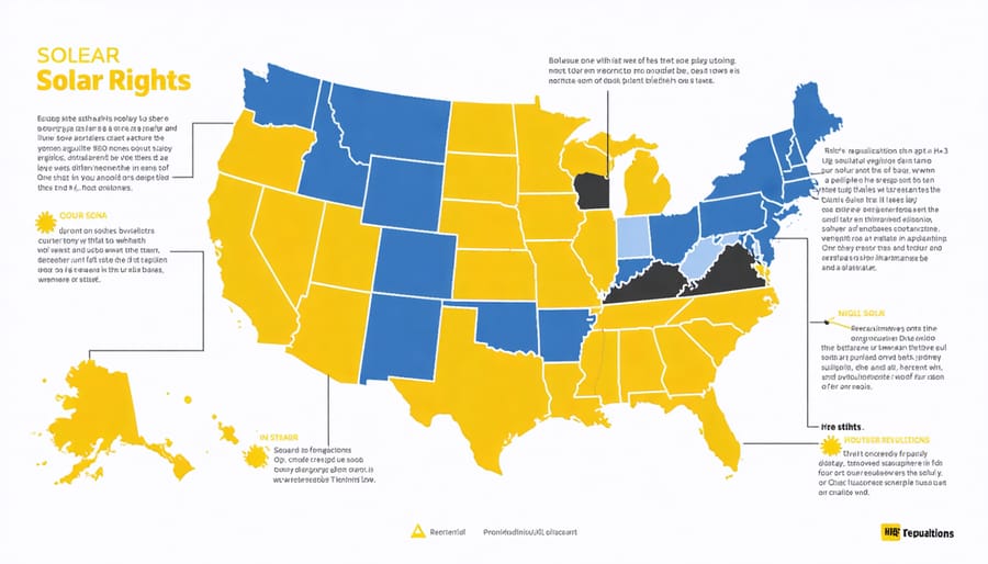US map visualization of state solar rights and HOA regulations