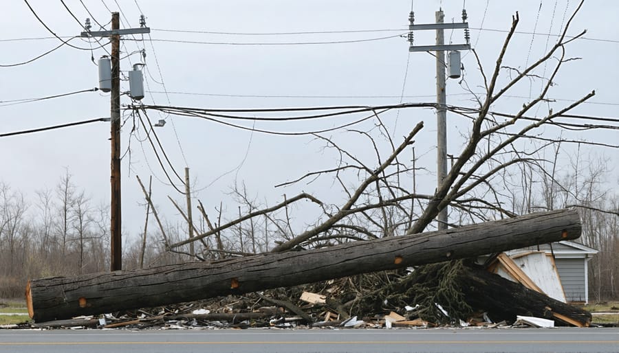 Downed power lines and broken utility poles in the aftermath of a storm