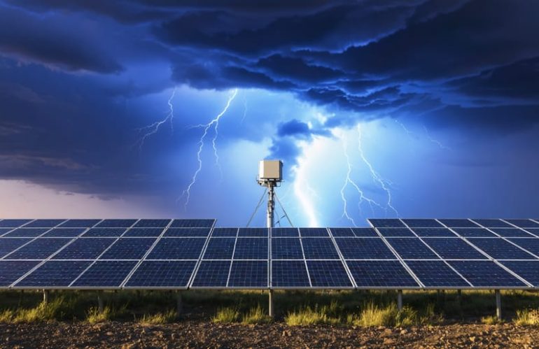 A robust solar panel array stands firm under a dramatic solar storm sky, symbolizing resilience and protection against nature's electrical fury.