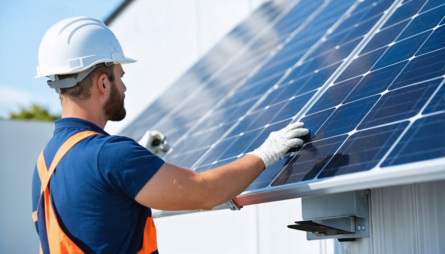 Close-up view of storm-resistant solar panel mounting system being installed