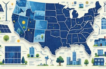 Conceptual illustration of the United States map with icons representing different solar regulations and incentives in various states, alongside imagery of solar panels and energy efficiency.