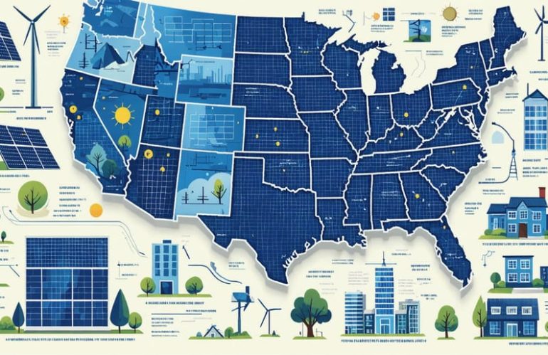 Conceptual illustration of the United States map with icons representing different solar regulations and incentives in various states, alongside imagery of solar panels and energy efficiency.
