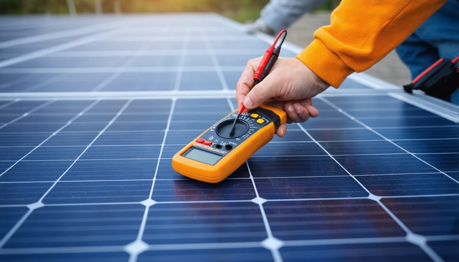 Technician measuring solar panel voltage using a multimeter on a rooftop installation