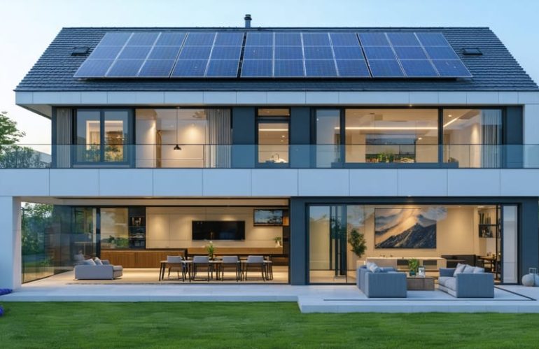 A modern home equipped with zinc energy storage system and rooftop solar panels, representing safe and sustainable energy storage.