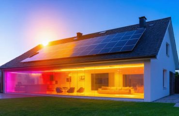 Illustration of a modern home with solar panels and a glowing thermal storage system, symbolizing continuous solar energy availability from day to night through advanced thermal storage.