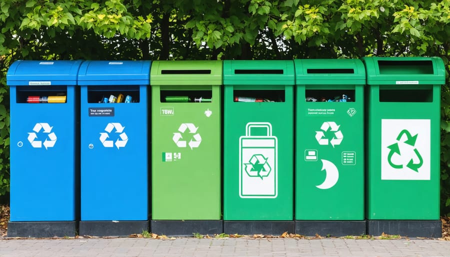 Various labeled recycling containers for different types of batteries at a local recycling center