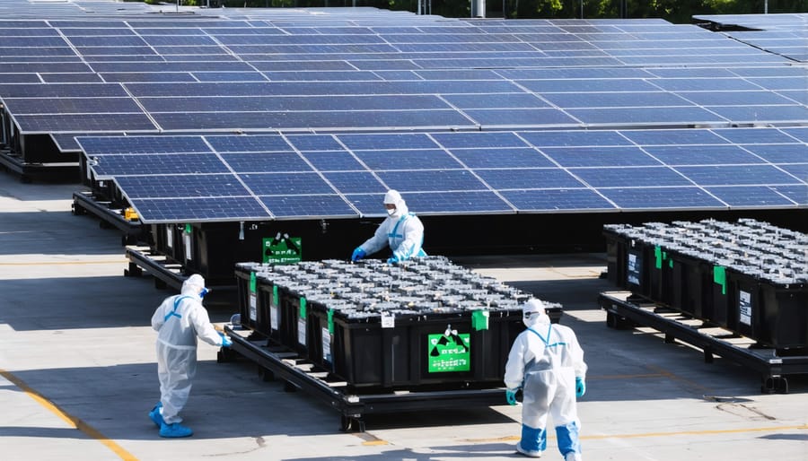 Professional technicians dismantling lithium-ion batteries at a specialized recycling facility